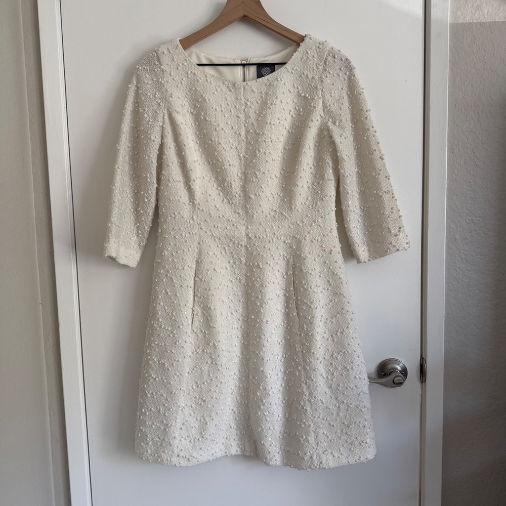Vintage Vince Camuto Cream Textured Tweed Sequin Dress Ivory 60s Classy Chic